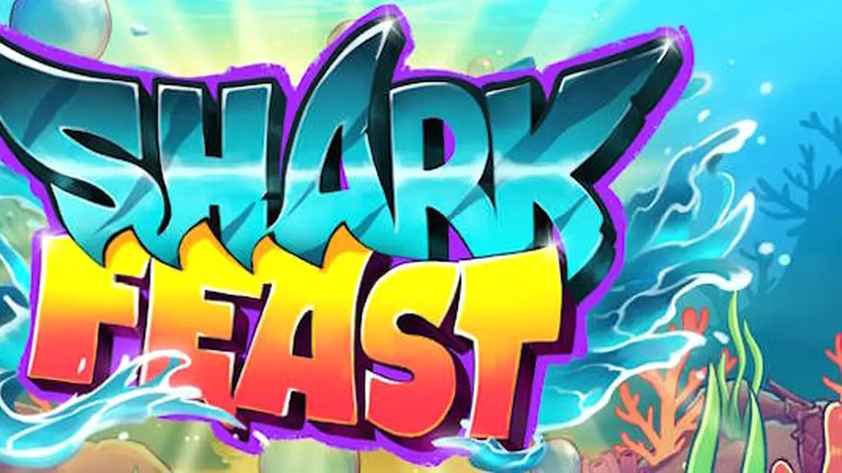 Tampilan visual bawah laut yang penuh warna dan lampu neon dalam permainan slot Shark Feast.